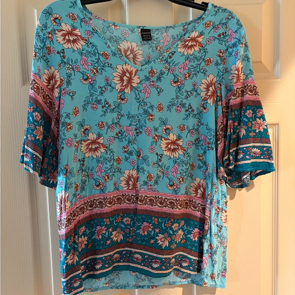 Vibrant Floral Women's Blouse - Teal, Brown, and Pink